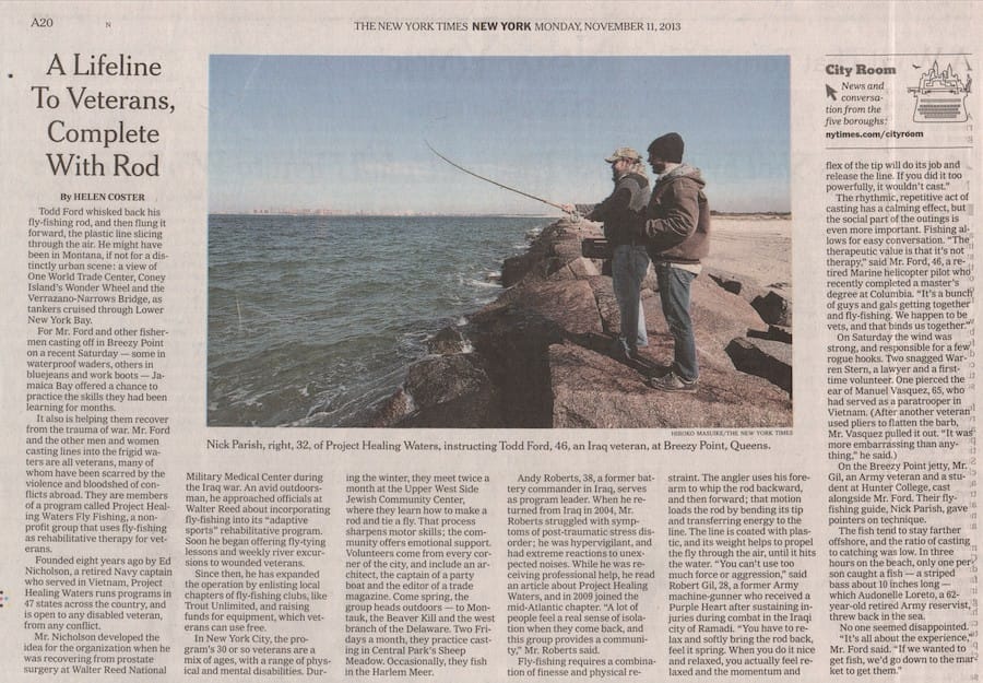 A page from The New York Times showing Nick Parish teaching an Iraq war veteran how to cast a fly rod. 